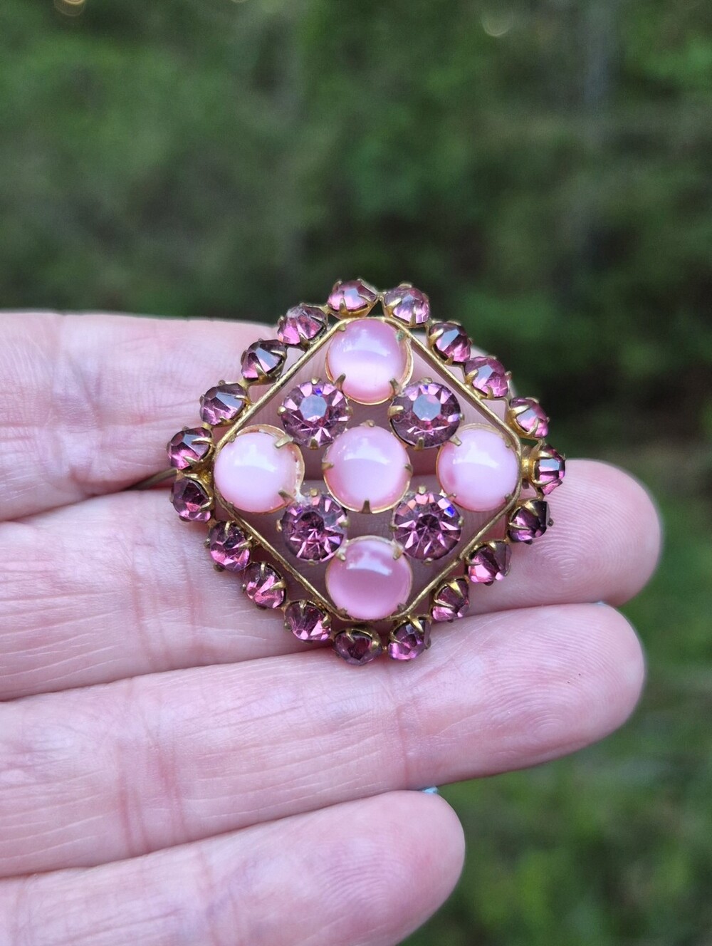 Art Deco Pink Satin Czech Glass Rhinestone Brooch Pin 1.25"